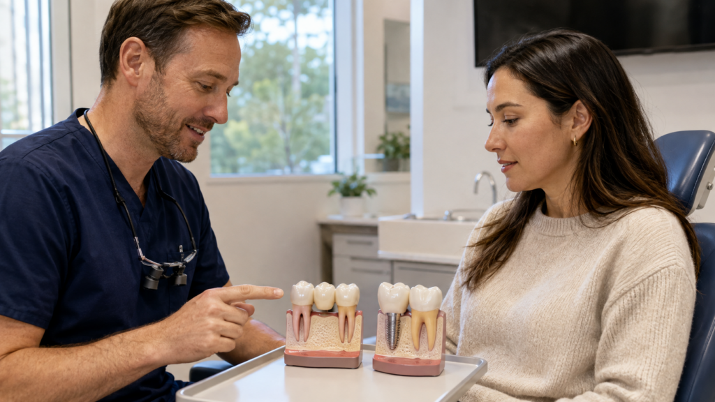 Dentist explaining dental bridge and implant models to a patient during a consultation.
