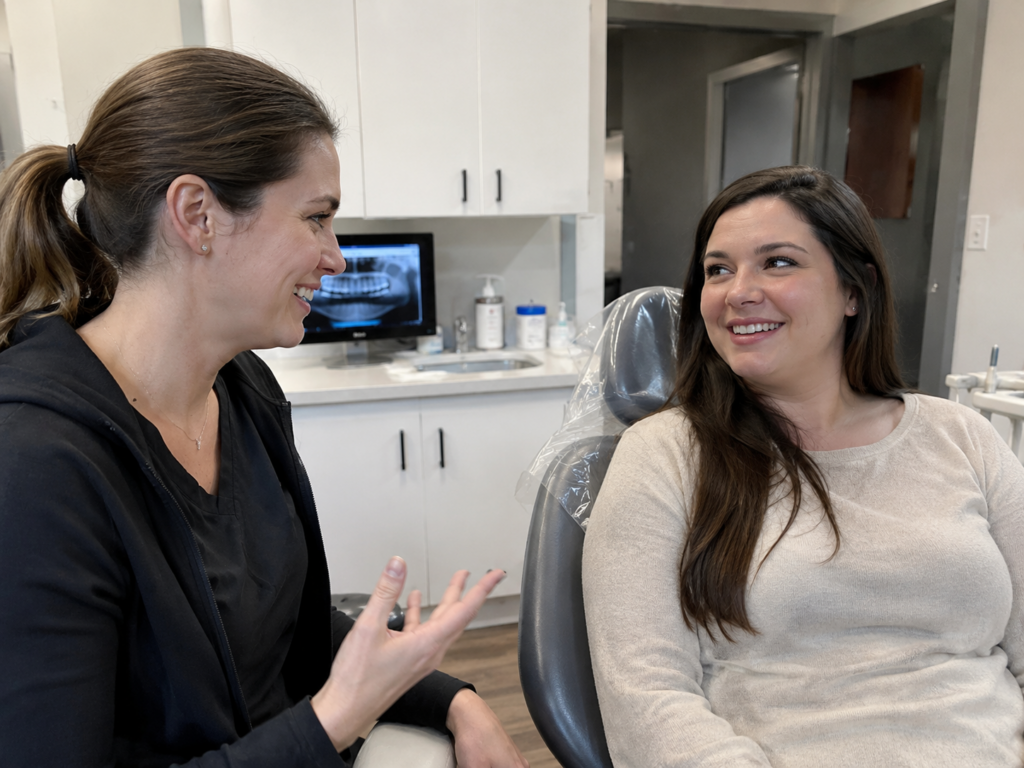 Dentist speaking with a patient during a consultation in a modern dental office.